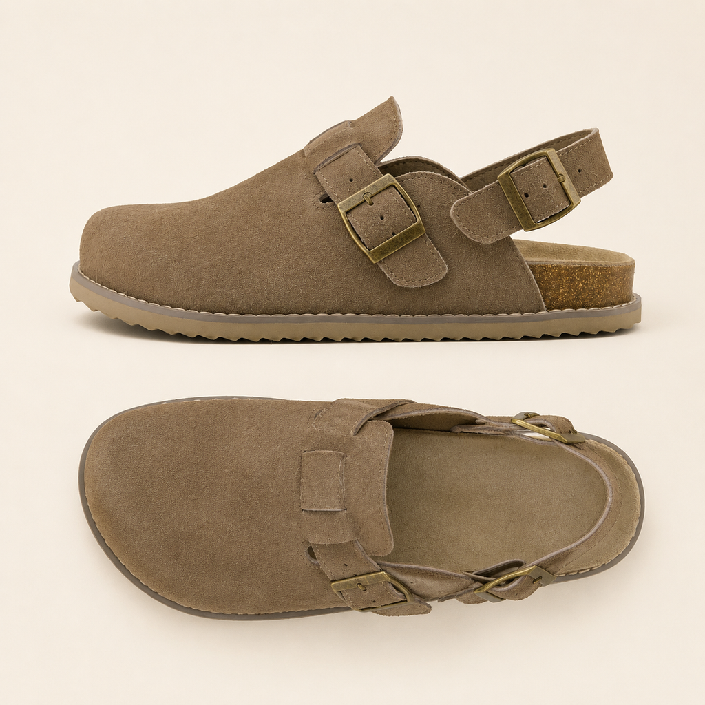 Women’s Genuine Suede Slingback Clogs – Memory Foam Cork Footbed & Adjustable Buckles
