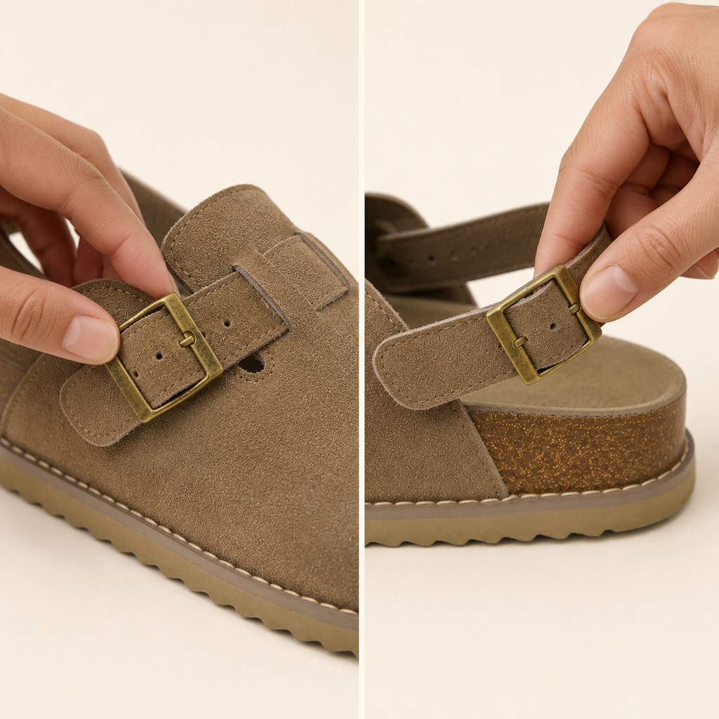 Women’s Genuine Suede Slingback Clogs – Memory Foam Cork Footbed & Adjustable Buckles