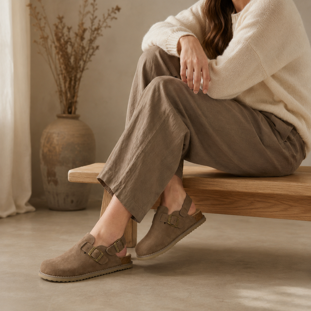 Women’s Genuine Suede Slingback Clogs – Memory Foam Cork Footbed & Adjustable Buckles