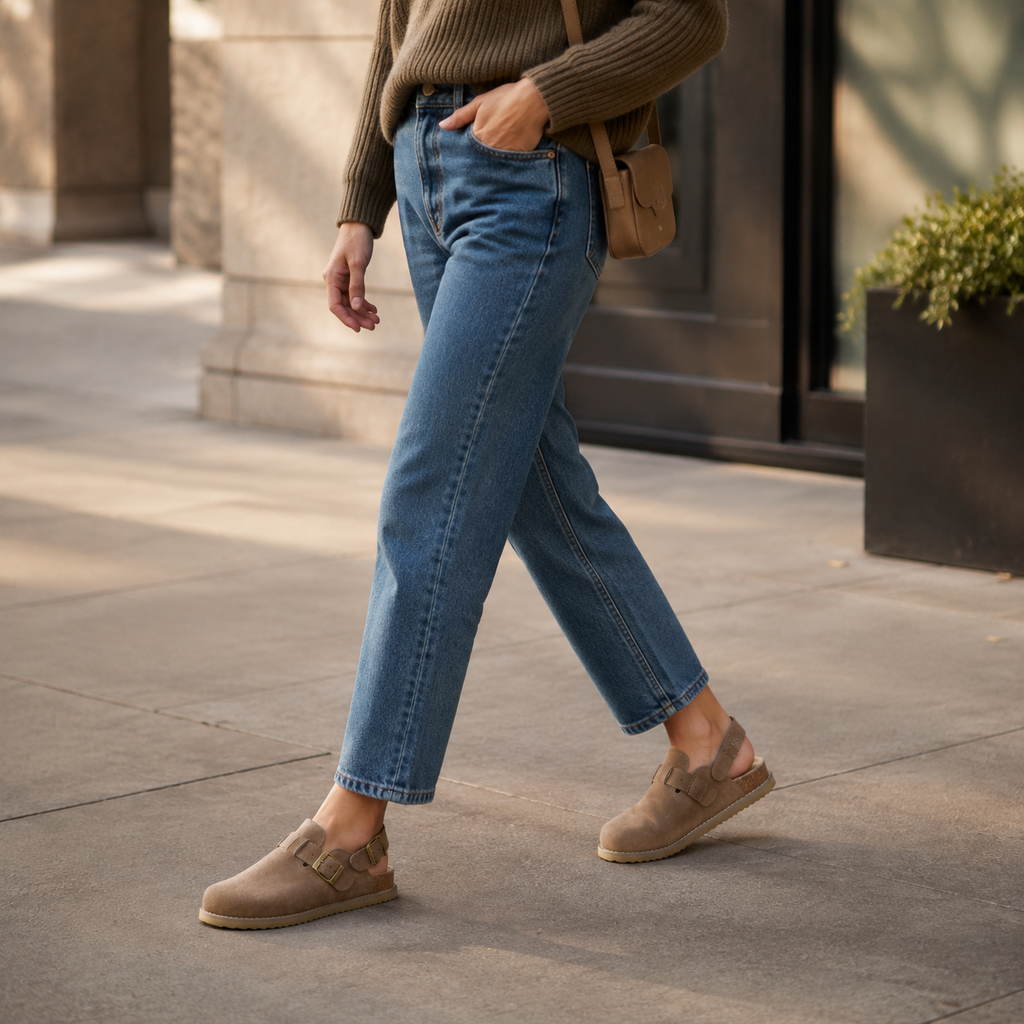 Women’s Genuine Suede Slingback Clogs – Memory Foam Cork Footbed & Adjustable Buckles