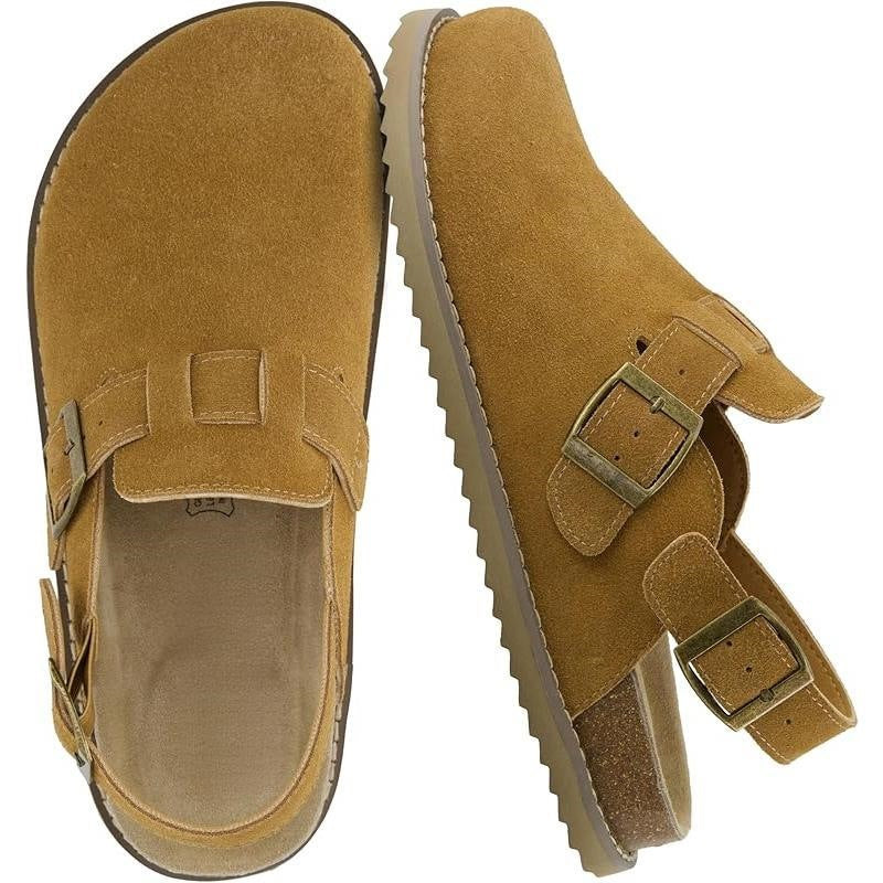 Women’s Genuine Suede Slingback Clogs – Memory Foam Cork Footbed & Adjustable Buckles