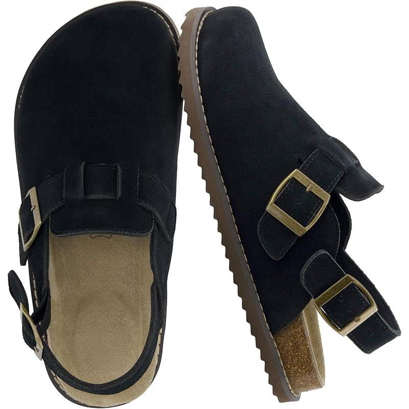 Women’s Genuine Suede Slingback Clogs – Memory Foam Cork Footbed & Adjustable Buckles