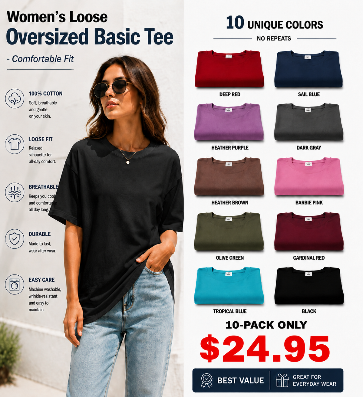 Women's Loose Oversized Basic Tee - Comfortable Fit