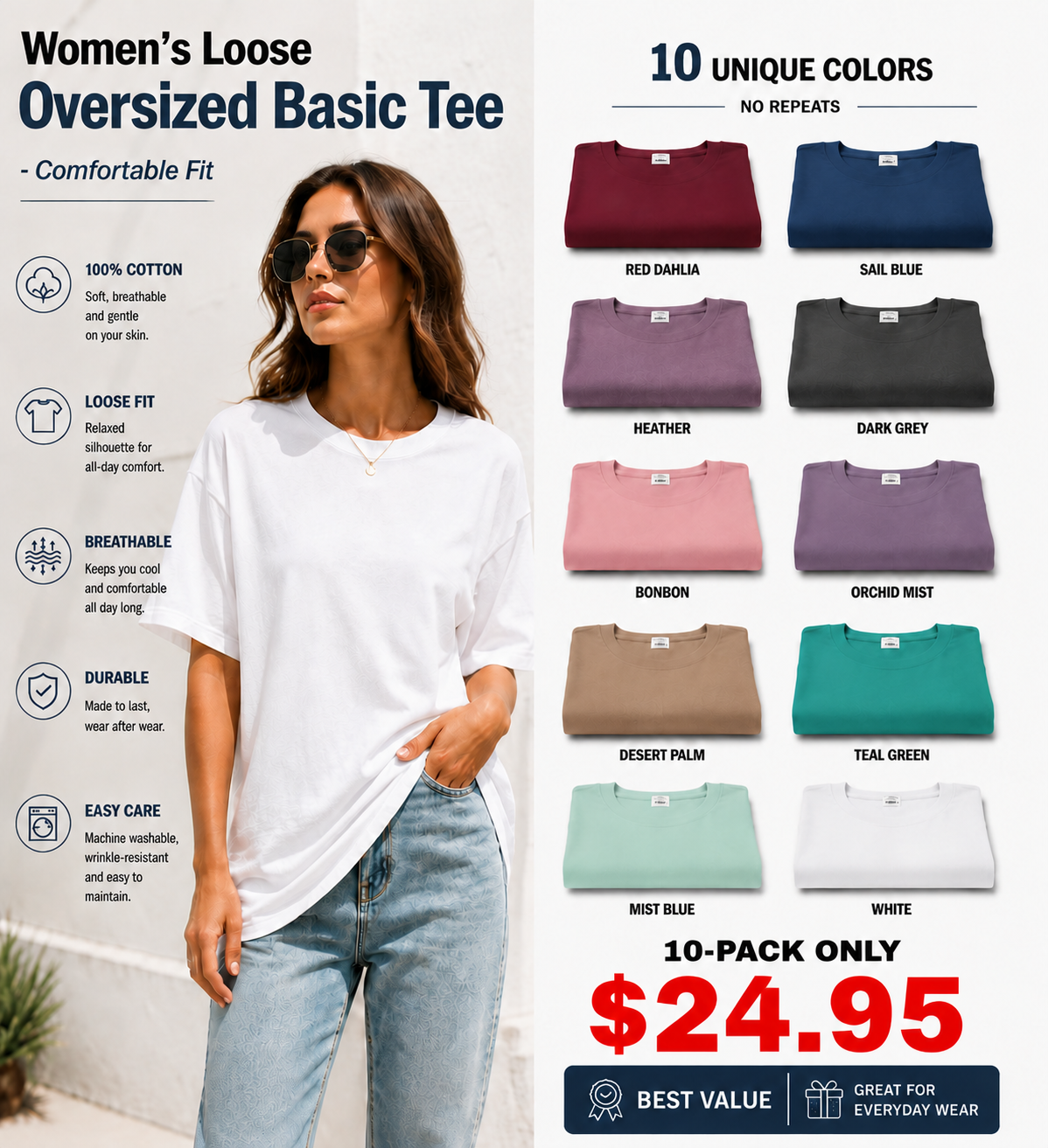 Women's Loose Oversized Basic Tee - Comfortable Fit